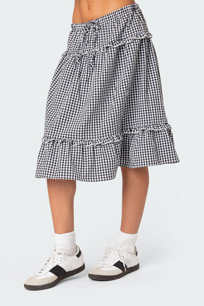 Plaid Tiered Adjustable Waist Midi Skirt