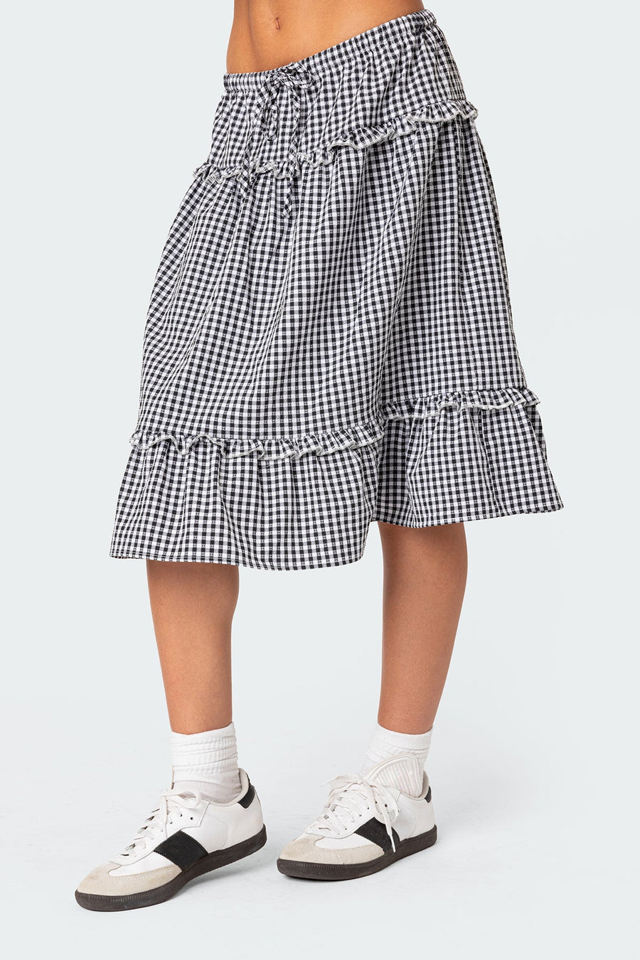 Plaid Tiered Adjustable Waist Midi Skirt