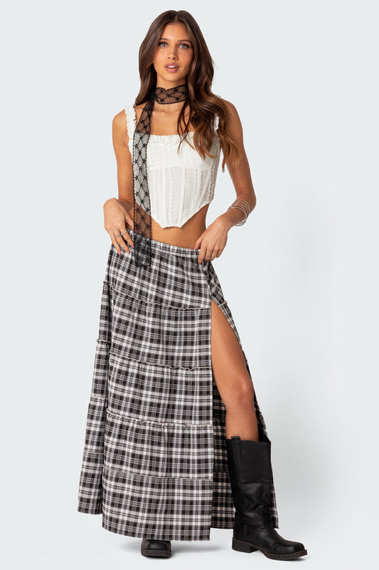 Plaid Tiered Maxi Skirt with Side Slit and Elastic Waistband