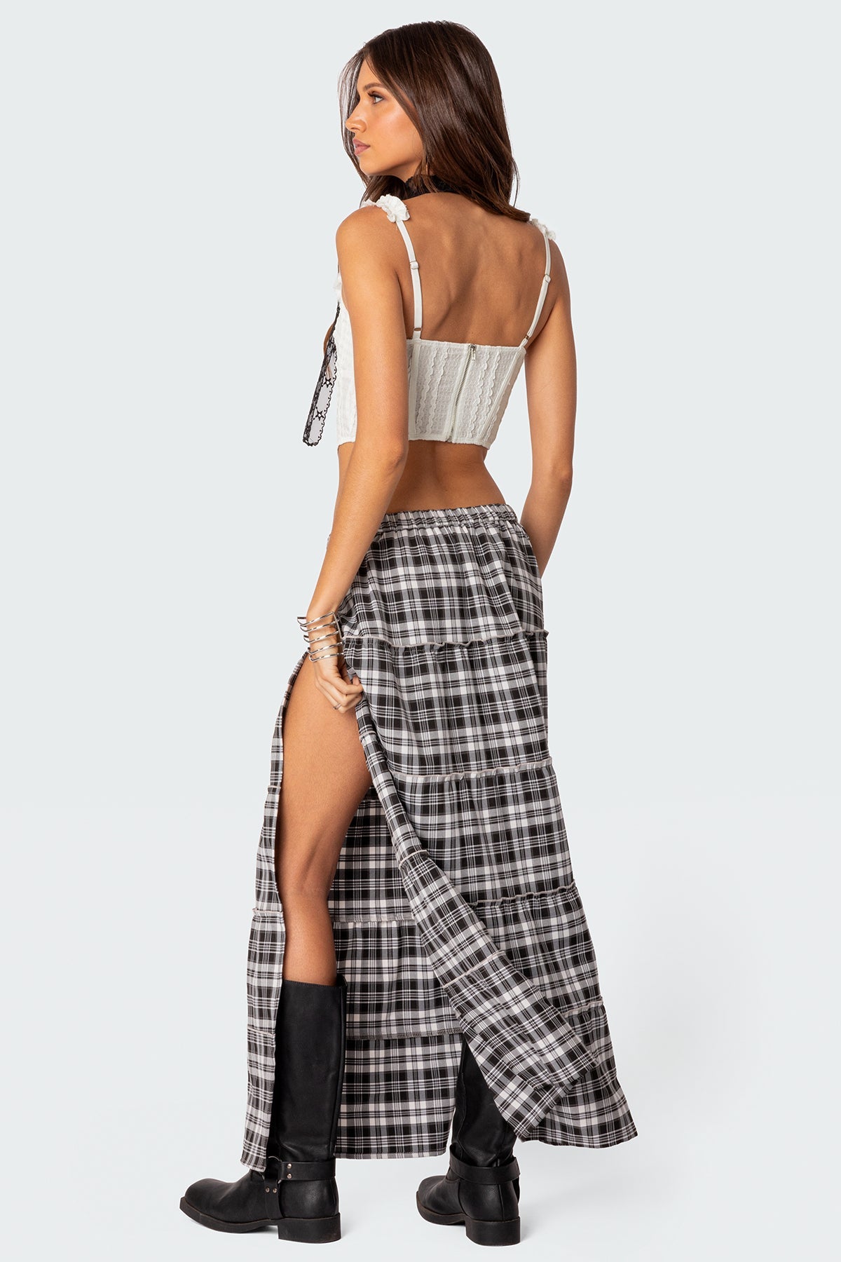 Plaid Tiered Maxi Skirt with Side Slit and Elastic Waistband