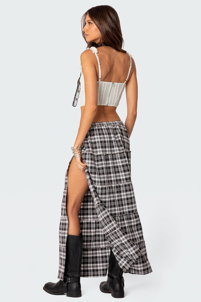 Plaid Tiered Maxi Skirt with Side Slit and Elastic Waistband