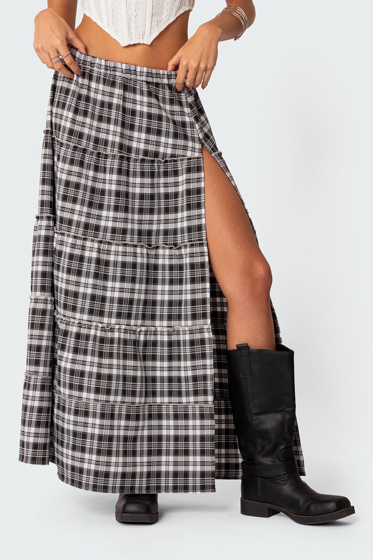 Plaid Tiered Maxi Skirt with Side Slit and Elastic Waistband