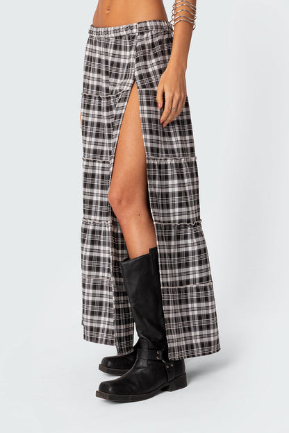Plaid Tiered Maxi Skirt with Side Slit and Elastic Waistband