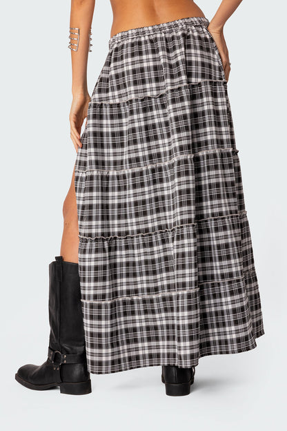 Plaid Tiered Maxi Skirt with Side Slit and Elastic Waistband