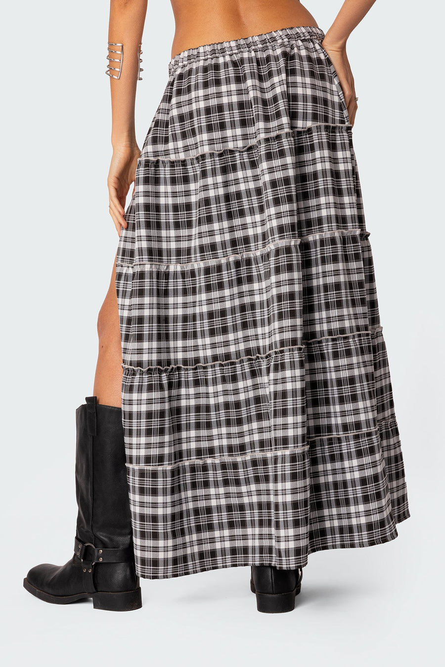 Plaid Tiered Maxi Skirt with Side Slit and Elastic Waistband