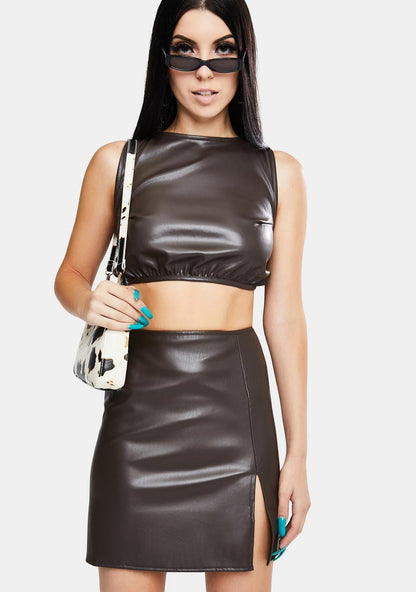 Dark Chocolate High Waist Faux Leather Mini Skirt with Side Slit