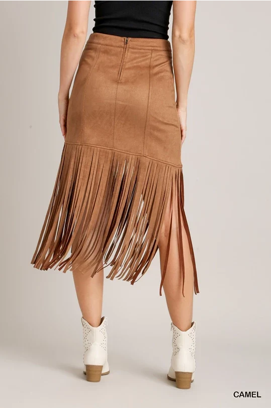 Camel Suede Fringe Mini Skirt
