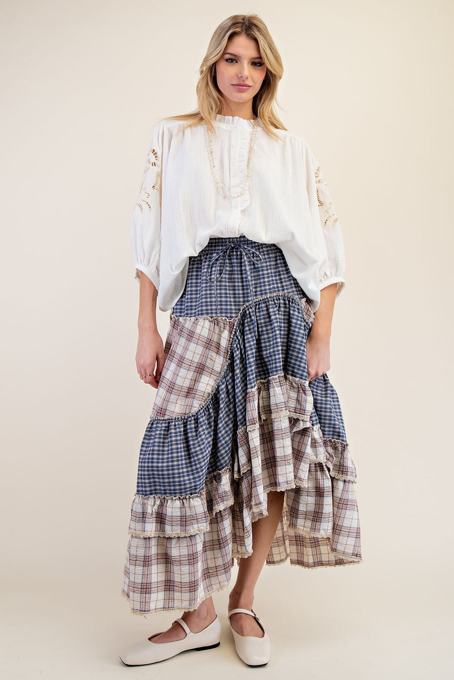 Vintage Plaid Crochet Ruffle Maxi Skirt with Adjustable Waistband