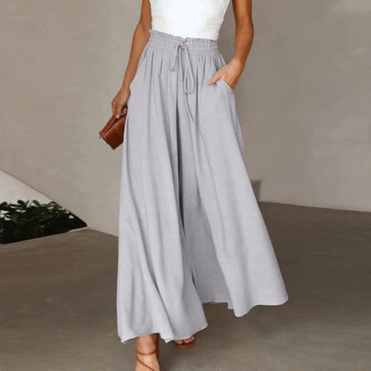 Luvrefashion | Gabriella A Line High Waist Elastic Pants with Drawstring – Long, Airy, and Pocketed in Dark Blue - back view