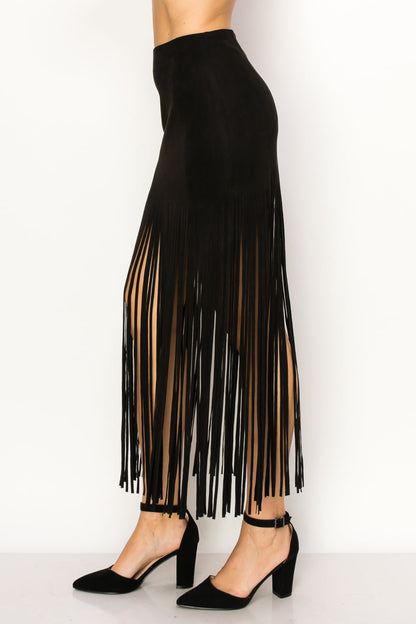Black Faux Suede Fringe Maxi Skirt - Stretchy Summer Fashion