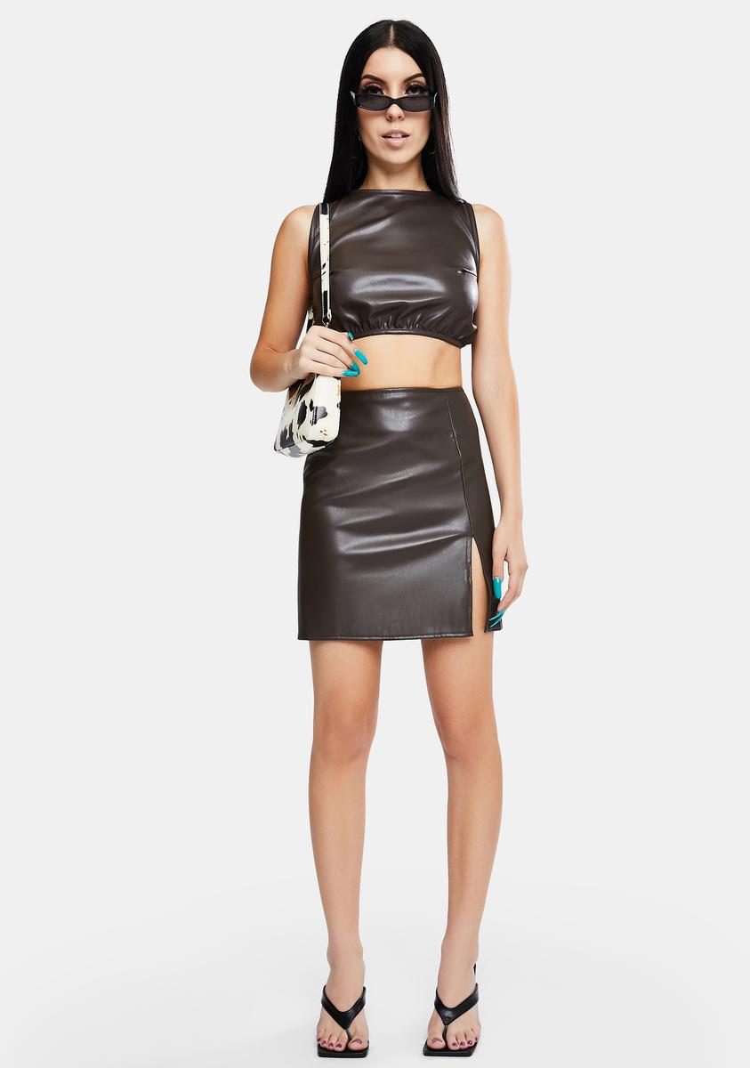 Dark Chocolate High Waist Faux Leather Mini Skirt with Side Slit