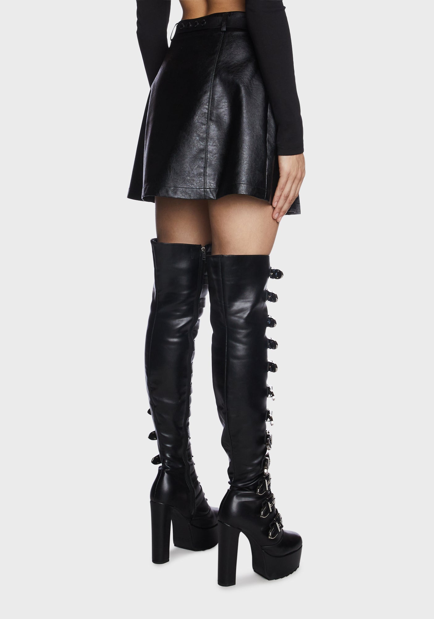 Black Plaid Splicing High-Waisted Vegan Leather Skirt