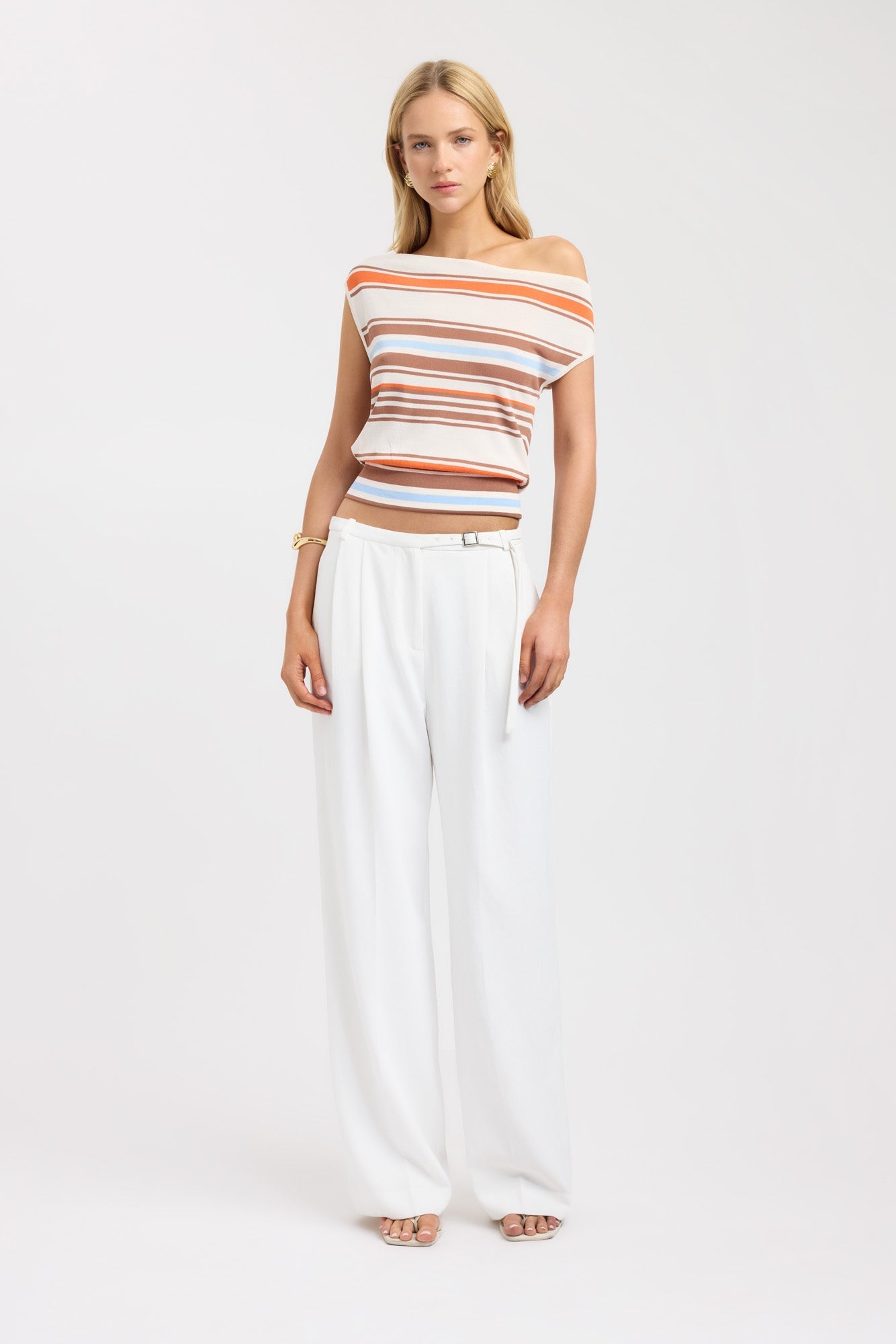 Blue Stripe Asymmetric Off Shoulder Women's Top