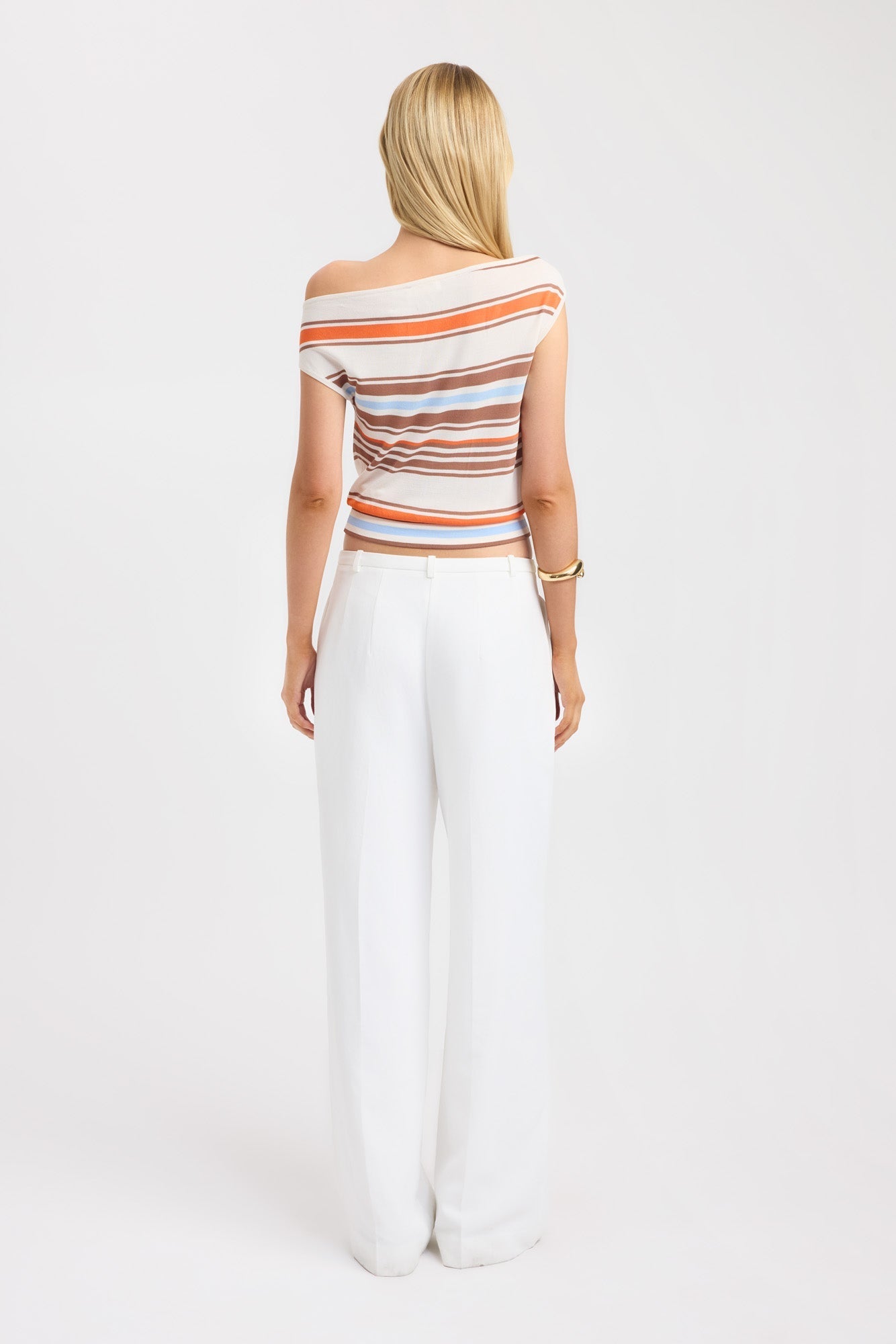 Blue Stripe Asymmetric Off Shoulder Women's Top