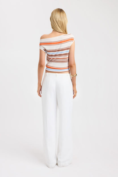 Blue Stripe Asymmetric Off Shoulder Women's Top