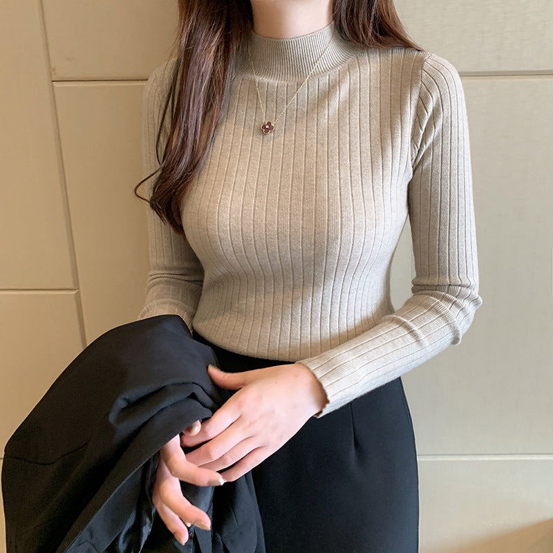 Zayenna Neutral Ribbed Slim Fit Half Turtleneck Knit Top