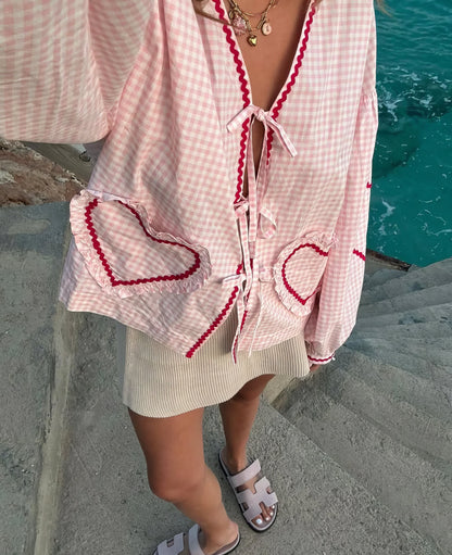 Betty Chic Heart Blouse for Fashionable in Pink - back view