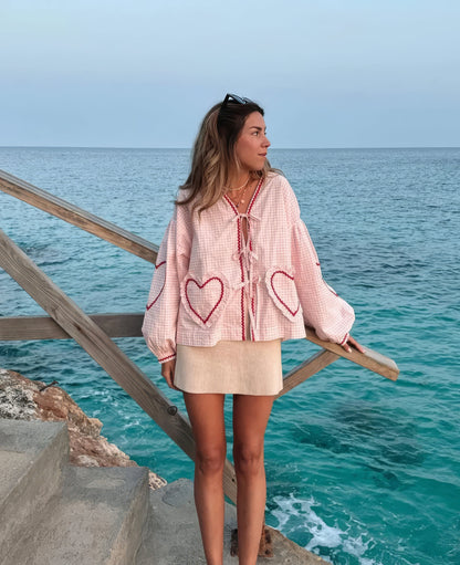 Betty Chic Heart Blouse for Fashionable in Pink - side view