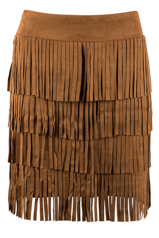 W.A.Y. Tan Fringe Layered Faux Suede Mini Skirt