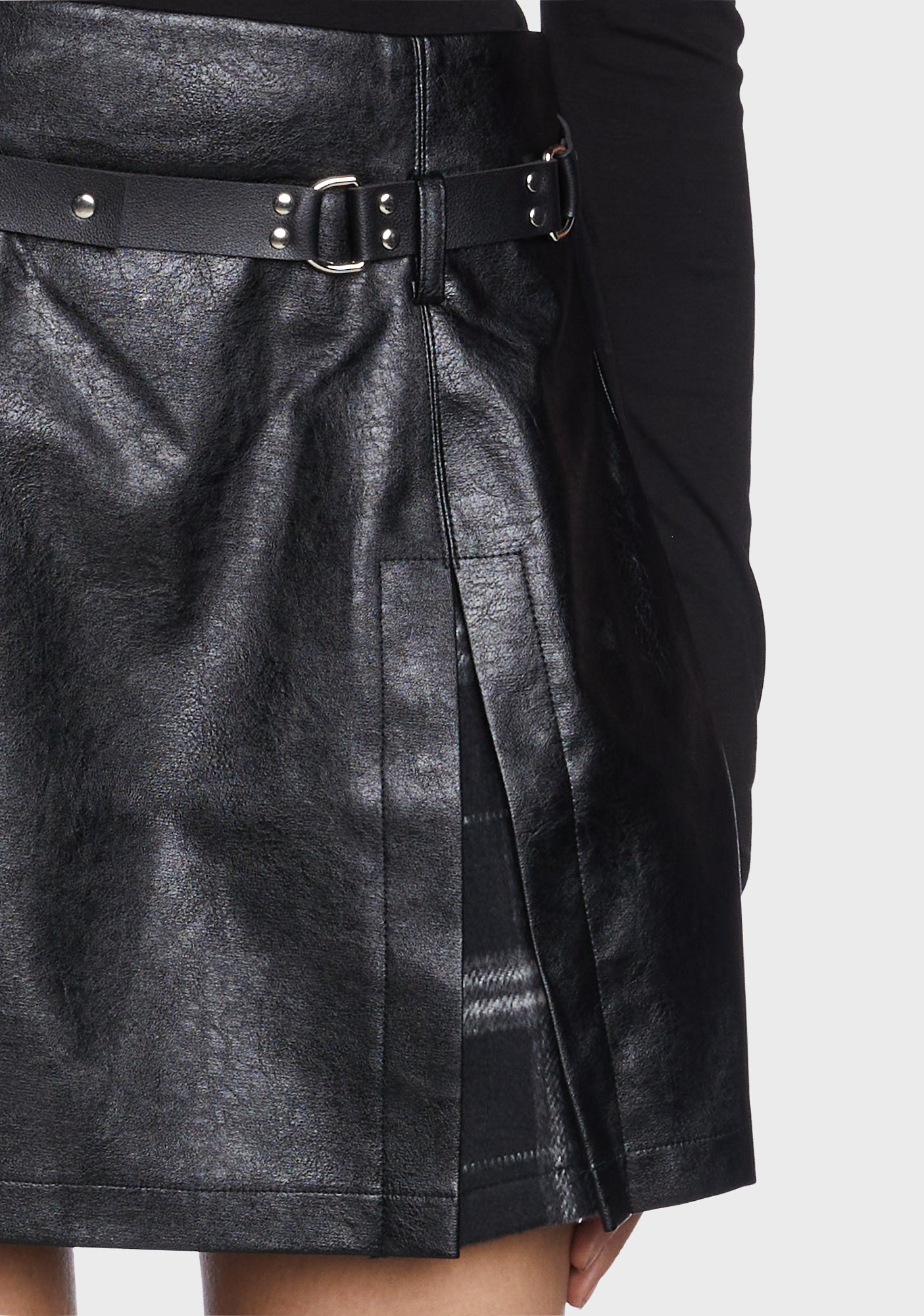 Black Plaid Splicing High-Waisted Vegan Leather Skirt