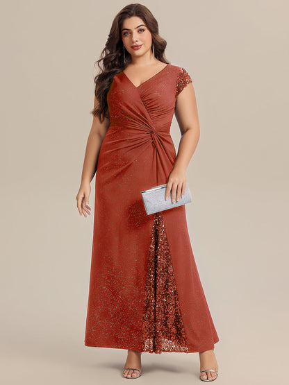 KAIA Silver Knotted Sequin Cap Sleeve Maxi Evening Dress