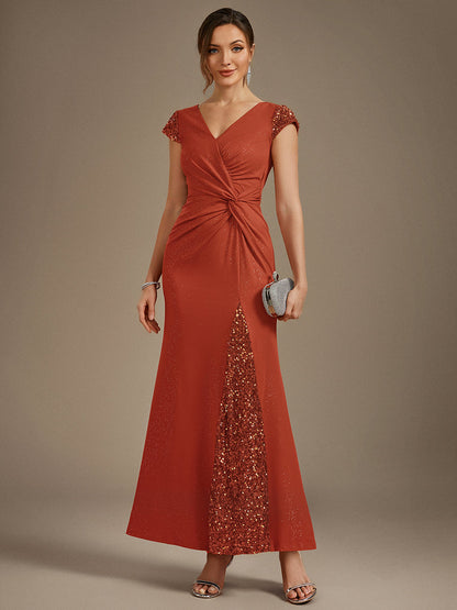 KAIA Silver Knotted Sequin Cap Sleeve Maxi Evening Dress