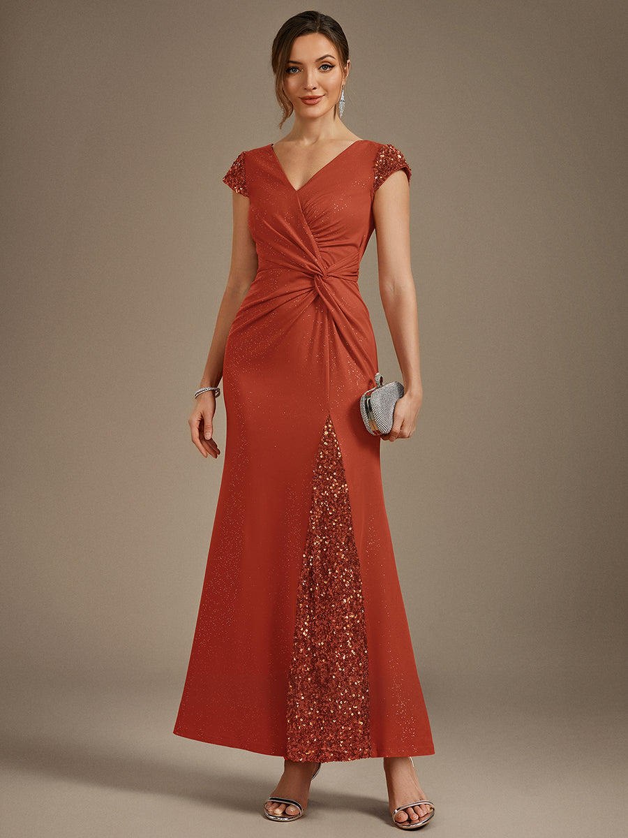 KAIA Silver Knotted Sequin Cap Sleeve Maxi Evening Dress