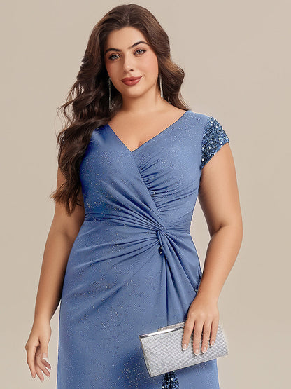 KAIA Silver Knotted Sequin Cap Sleeve Maxi Evening Dress