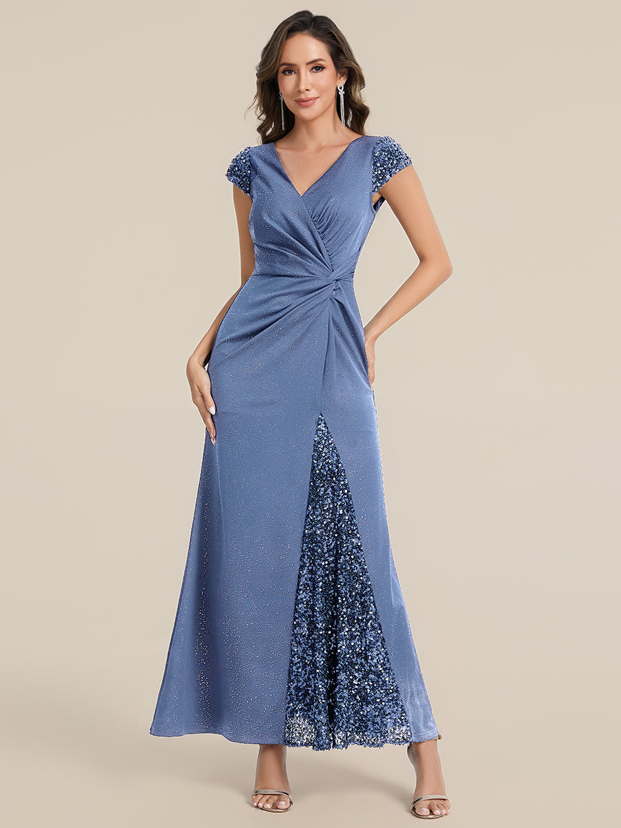 KAIA Silver Knotted Sequin Cap Sleeve Maxi Evening Dress