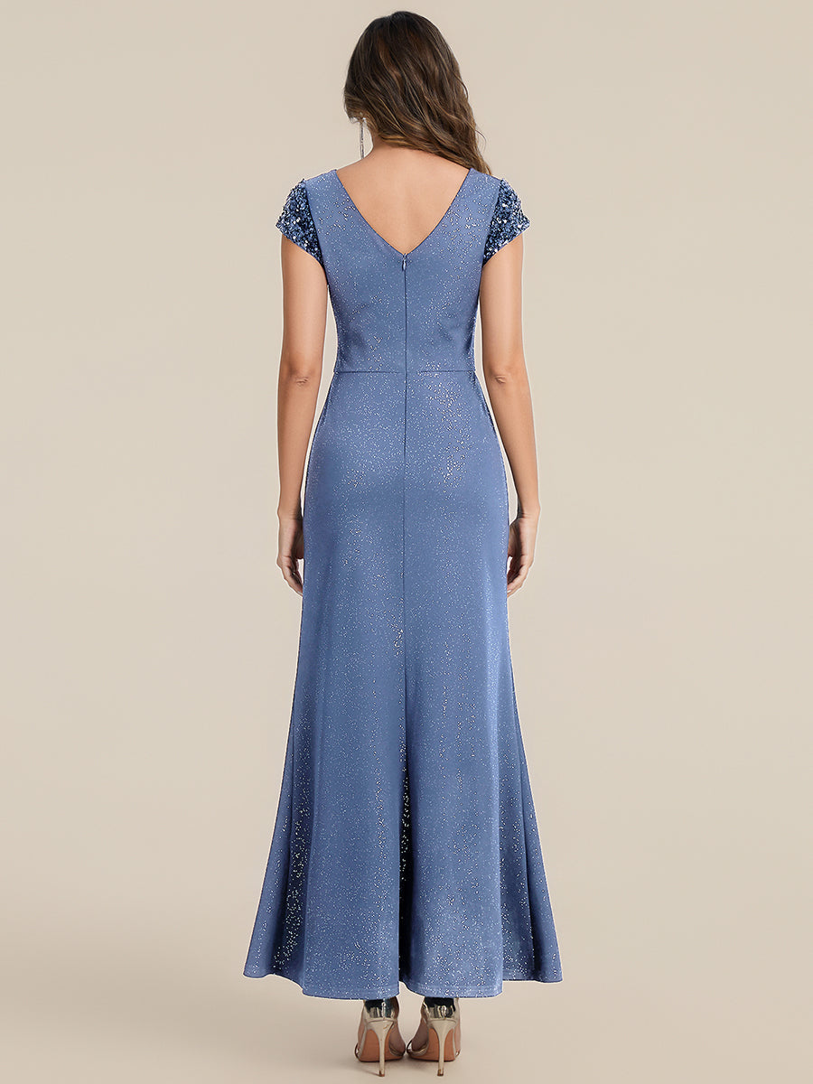 KAIA Silver Knotted Sequin Cap Sleeve Maxi Evening Dress
