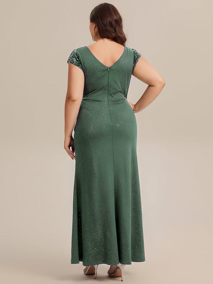 KAIA Silver Knotted Sequin Cap Sleeve Maxi Evening Dress