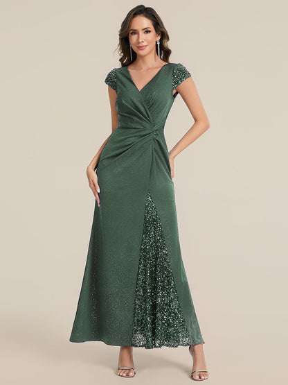KAIA Silver Knotted Sequin Cap Sleeve Maxi Evening Dress