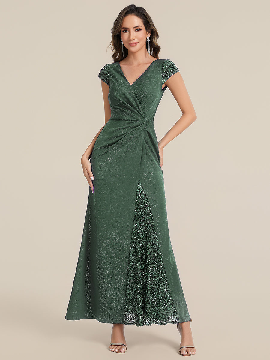 KAIA Silver Knotted Sequin Cap Sleeve Maxi Evening Dress