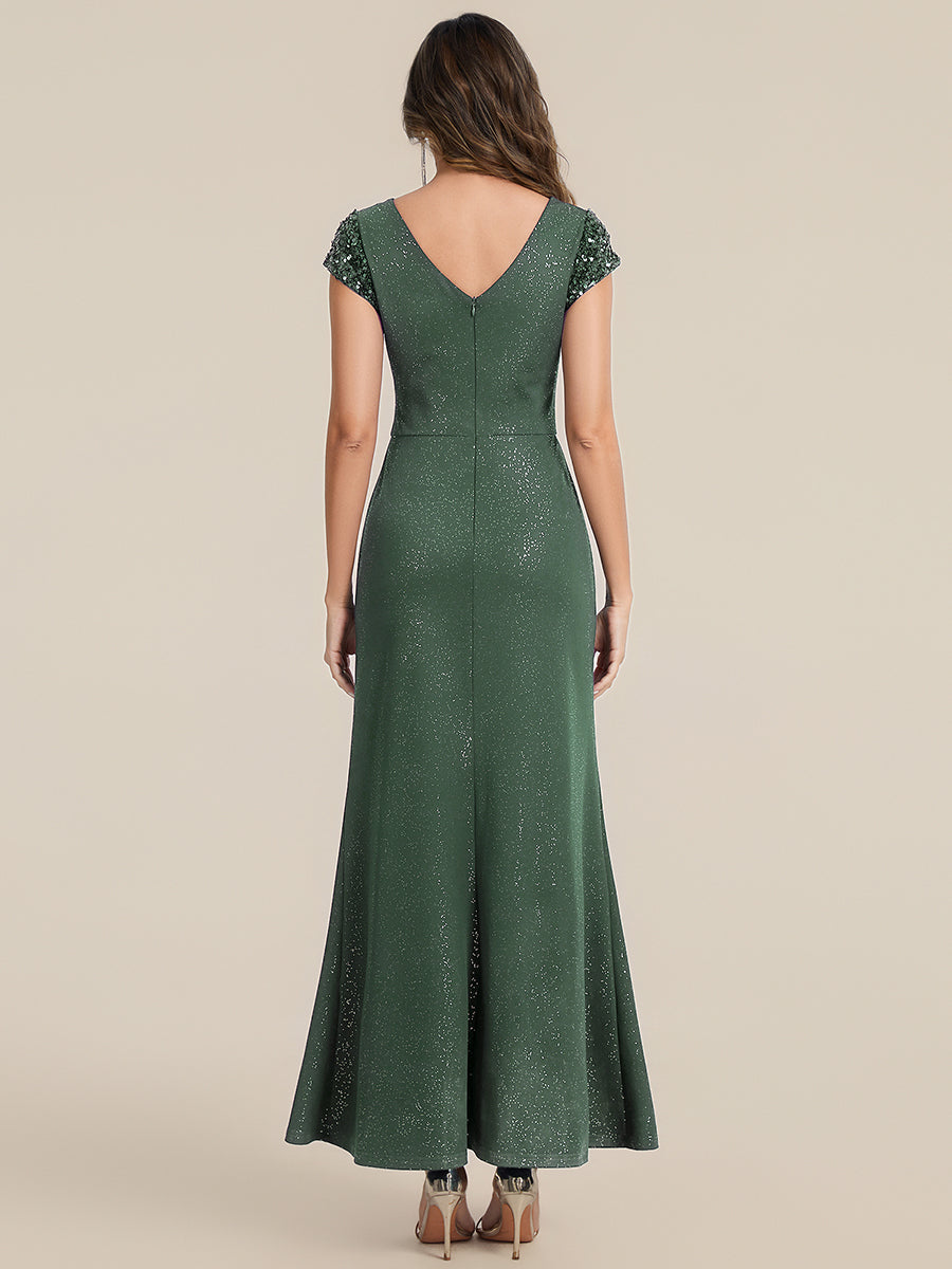 KAIA Silver Knotted Sequin Cap Sleeve Maxi Evening Dress