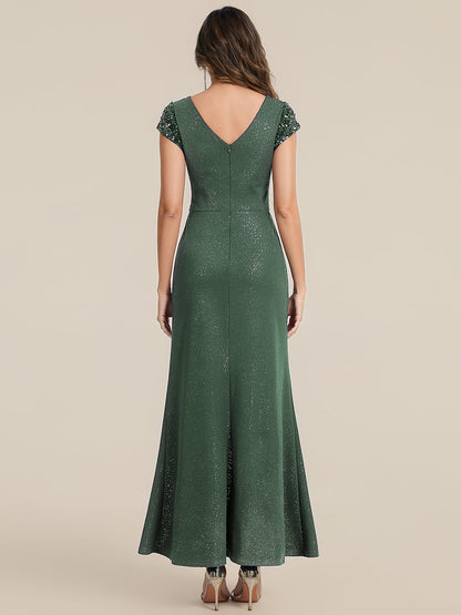 KAIA Silver Knotted Sequin Cap Sleeve Maxi Evening Dress