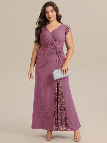 KAIA Silver Knotted Sequin Cap Sleeve Maxi Evening Dress