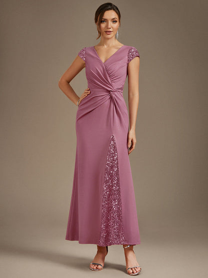 KAIA Silver Knotted Sequin Cap Sleeve Maxi Evening Dress
