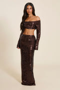 Nia Brown Sequin Off-Shoulder Maxi Skirt Set
