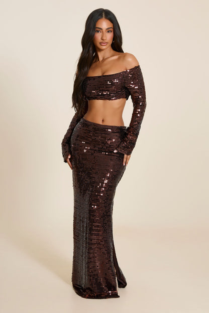 Nia Brown Sequin Off-Shoulder Maxi Skirt Set