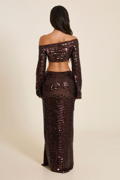 Nia Brown Sequin Off-Shoulder Maxi Skirt Set