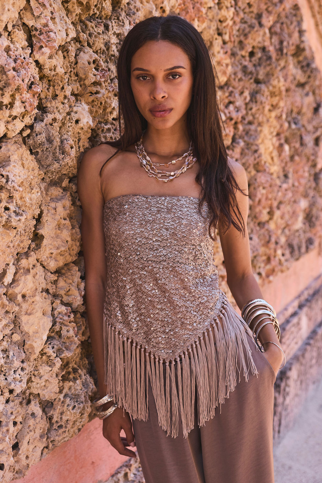 Taupe Sequin Strapless Summer Top
