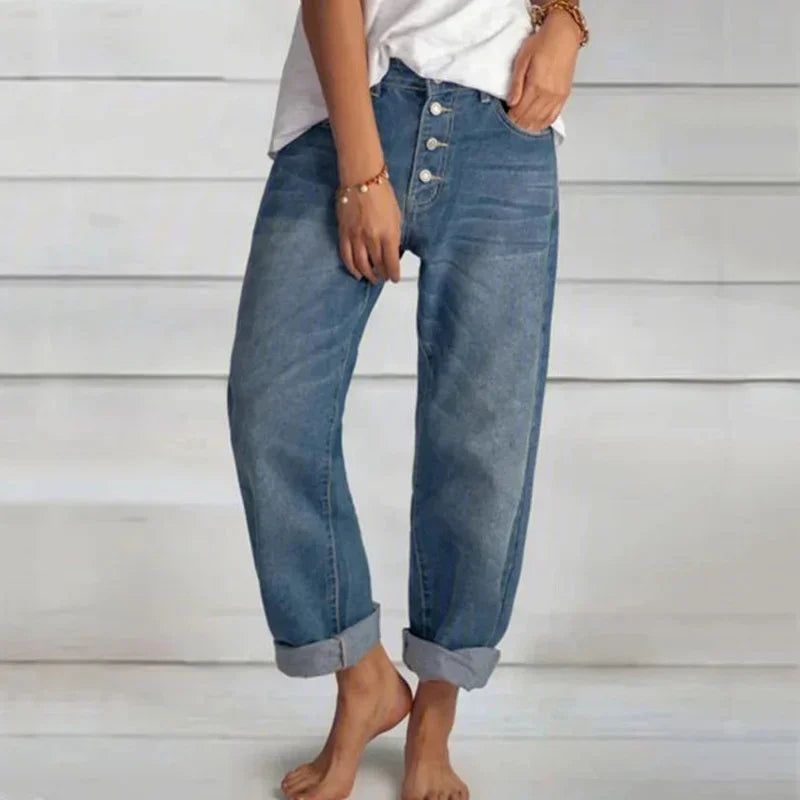 Luvrefashion | Kamilla Trendy High Waist Relaxed Fit Jeans in Blue - side view
