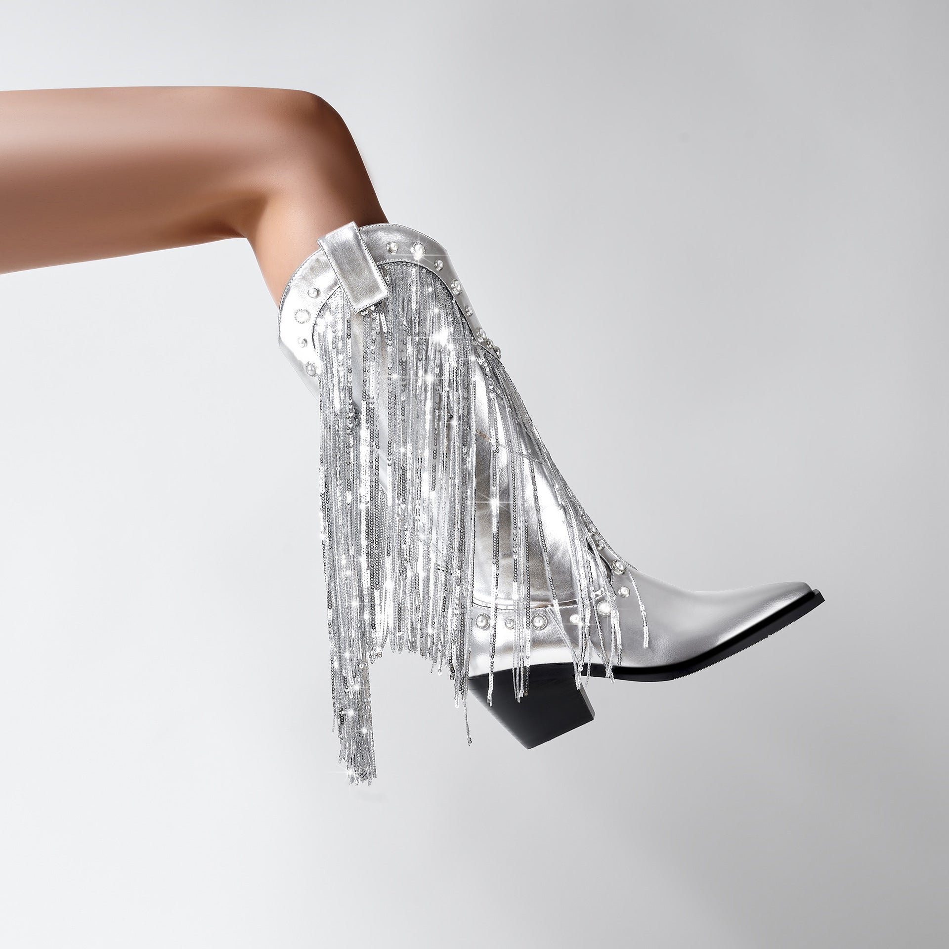Luvrefashion | Marina Fringe Cowboy Boots for in Silver - back view