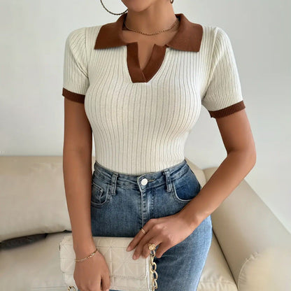 Fiona Ribbed Fitted Polo Shirt in Apricot - side view