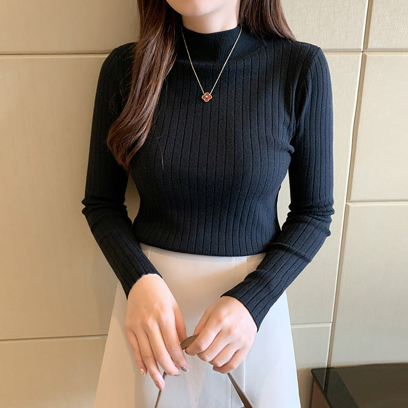Zayenna Neutral Ribbed Slim Fit Half Turtleneck Knit Top