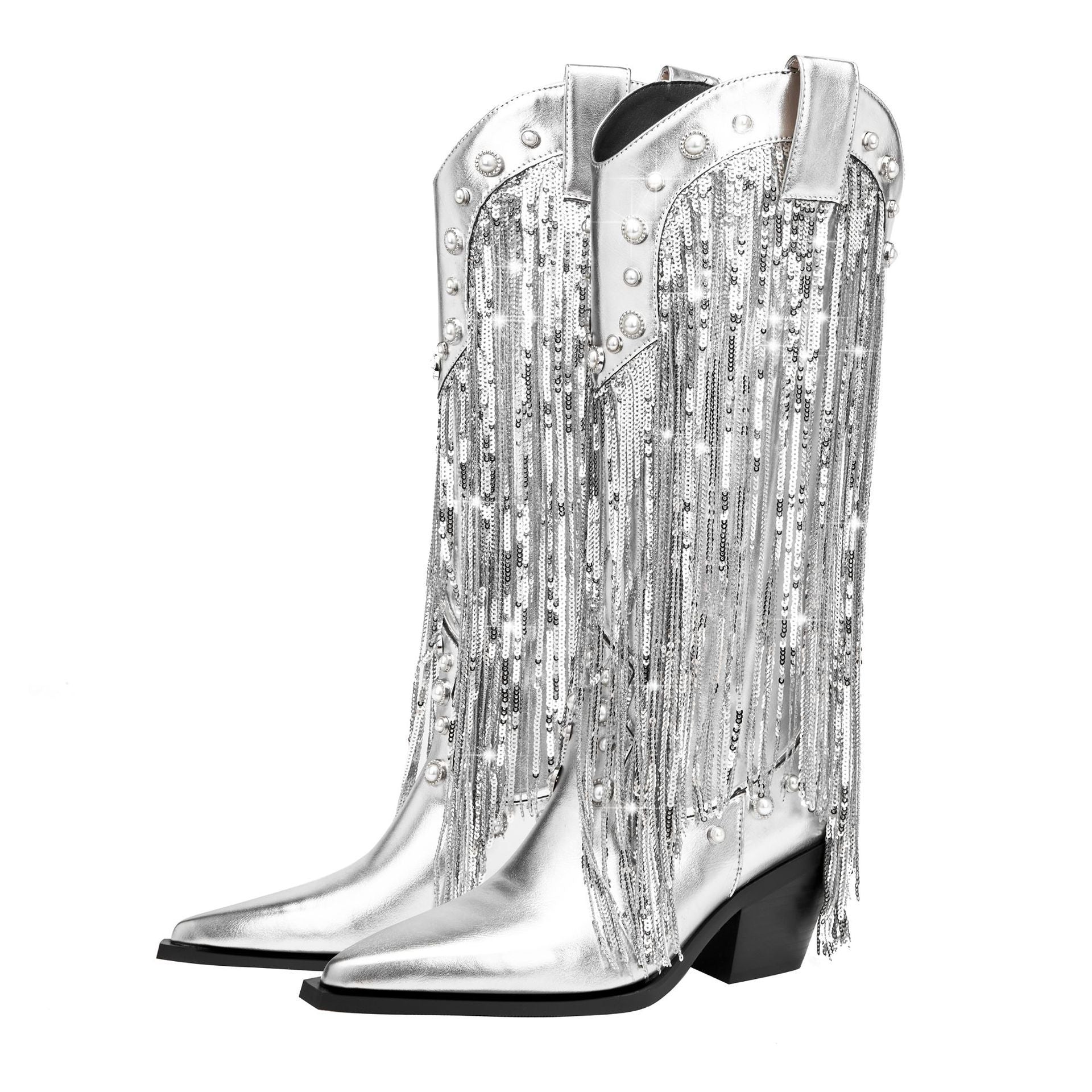 Luvrefashion | Marina Fringe Cowboy Boots for in Silver - styled look