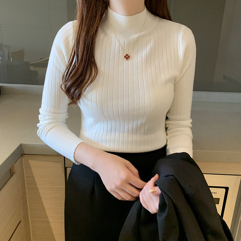 Zayenna Neutral Ribbed Slim Fit Half Turtleneck Knit Top