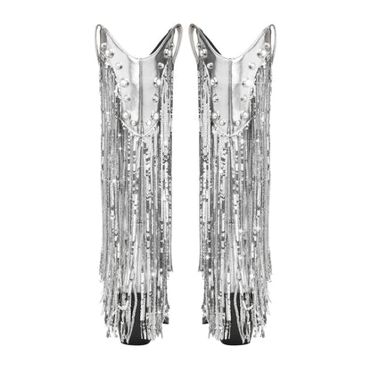 Luvrefashion | Marina Fringe Cowboy Boots for in Silver - detail view