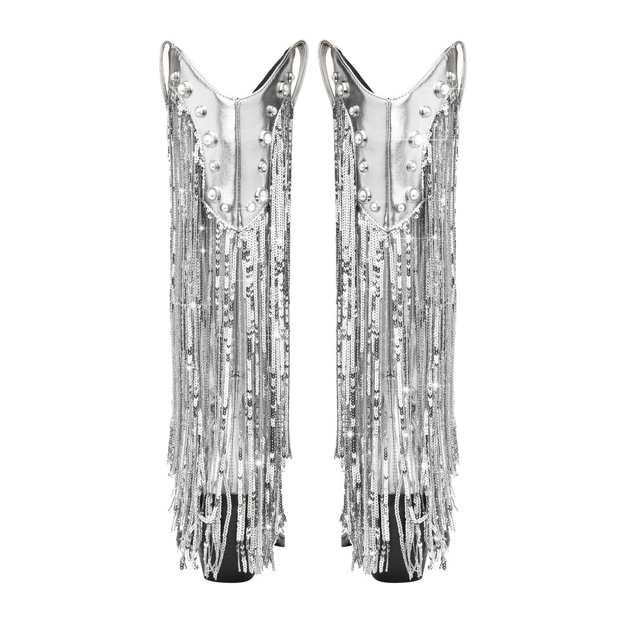 Luvrefashion | Marina Fringe Cowboy Boots for in Silver - detail view