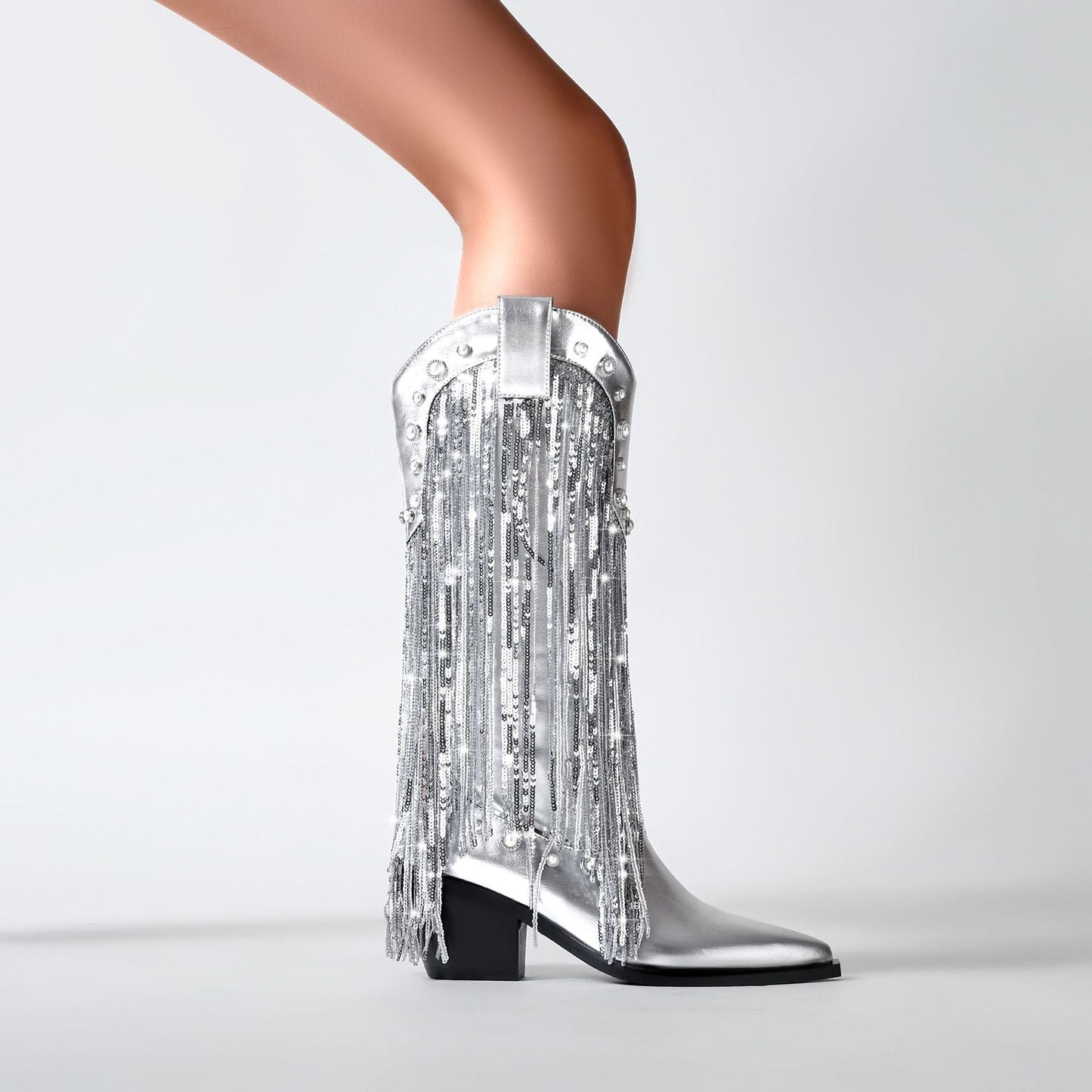 Luvrefashion | Marina Fringe Cowboy Boots for in Silver - side view
